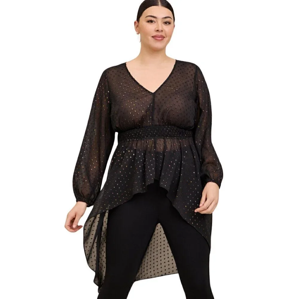 Torrid NWT Chiffon Rainbow Clip Dot Top Black 3X Whimsigoth Semi-Sheer Shirt - Picture 1 of 12